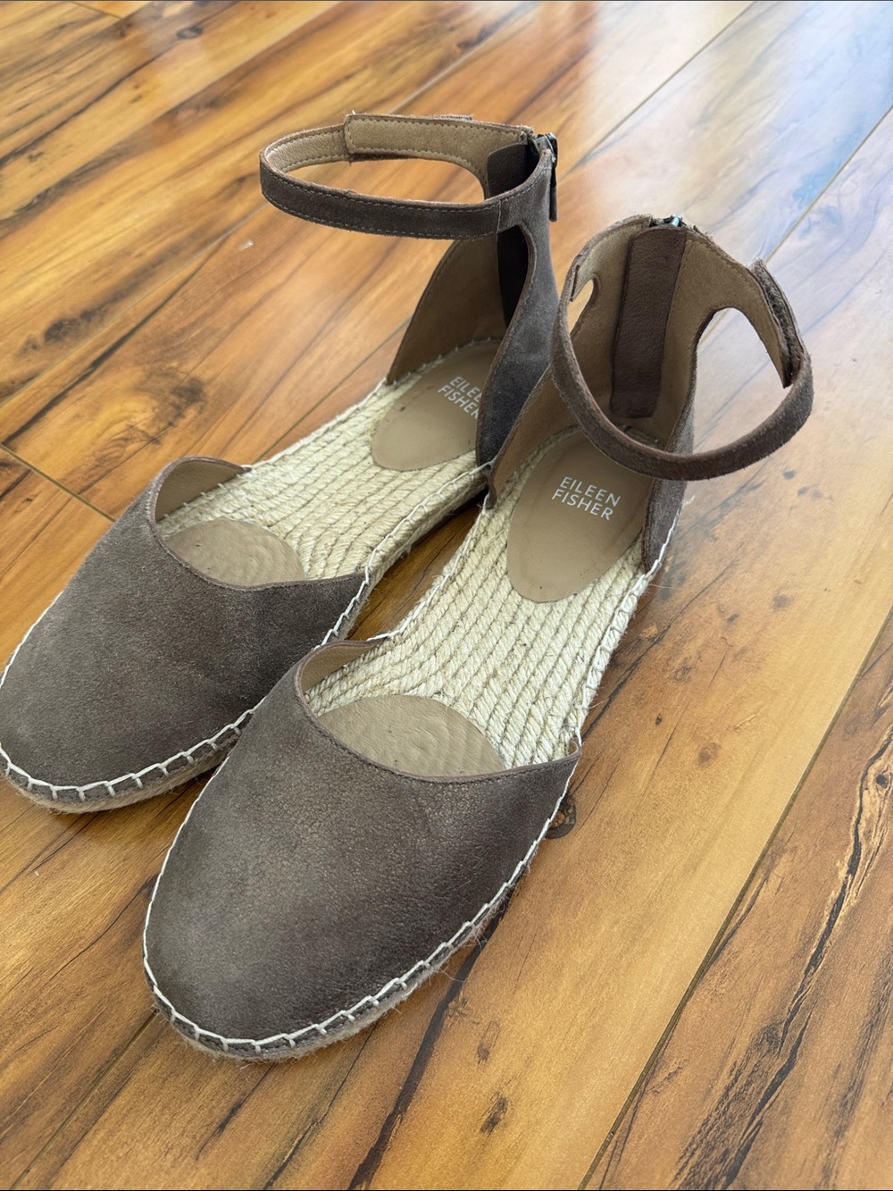 Eileen Fisher Bronze Suede Espadrille Ankle-Strap Flats